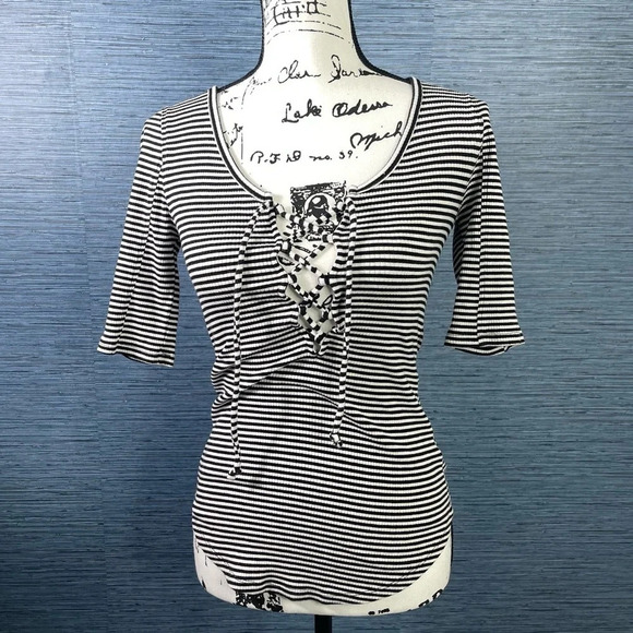 Free People XS Black White Stripped Tie Front - Picture 1 of 7